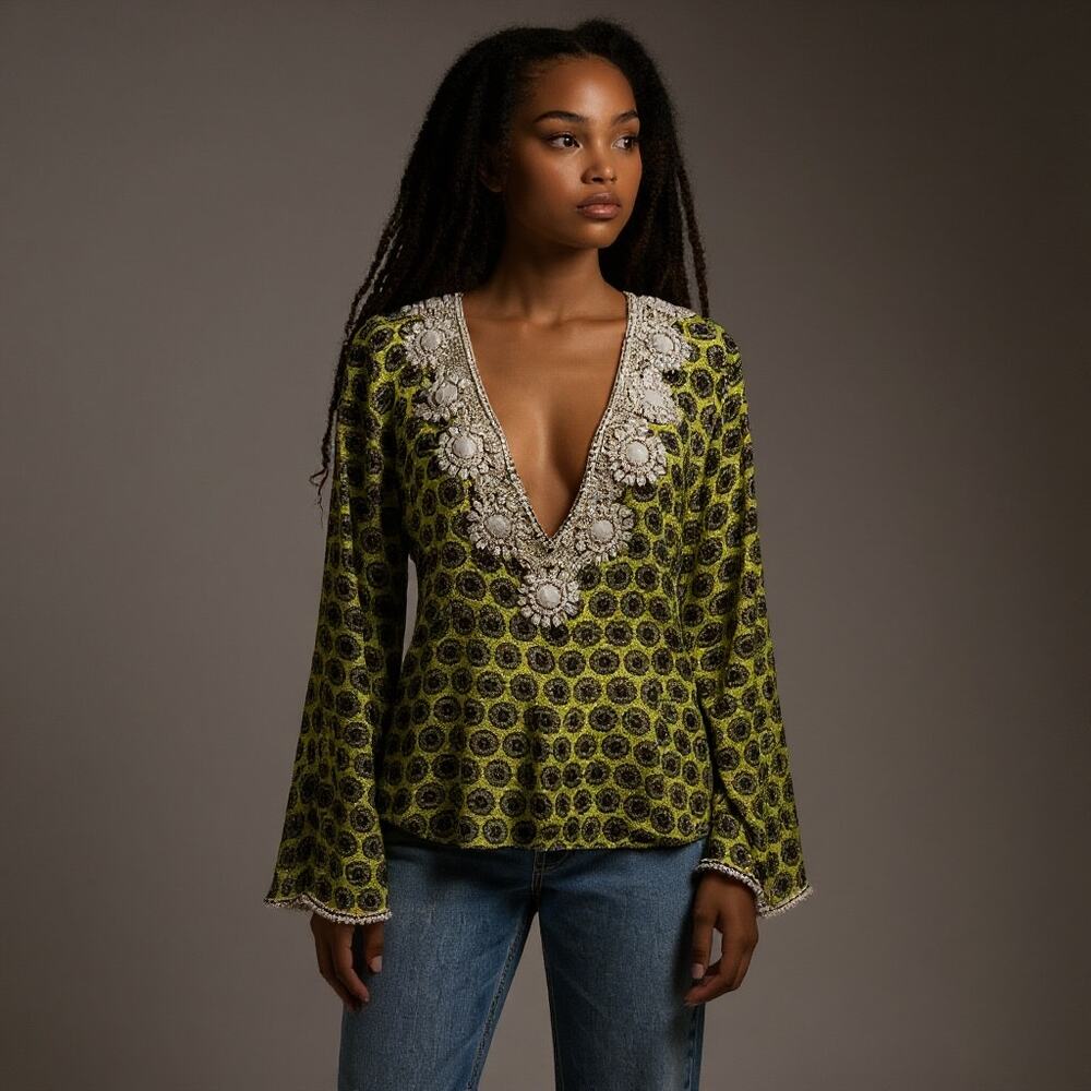 Taj by Sabrina Crippa 100% Silk Beaded Embellished Tunic Top S Lime Green Boho